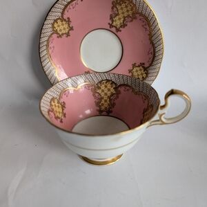 Aynsley China Tea Cup & Saucer England Pink Yello Gold Rim